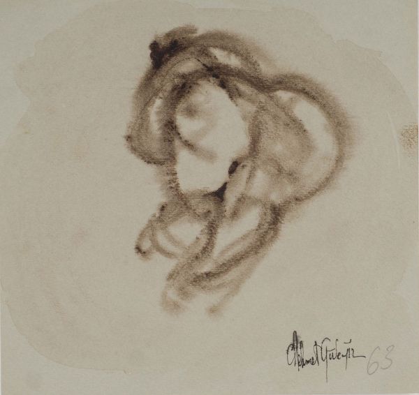 
                  Untitled, 1963, Tube-tip drawing on watercolor paper, sepia, 17 x 17 cm        