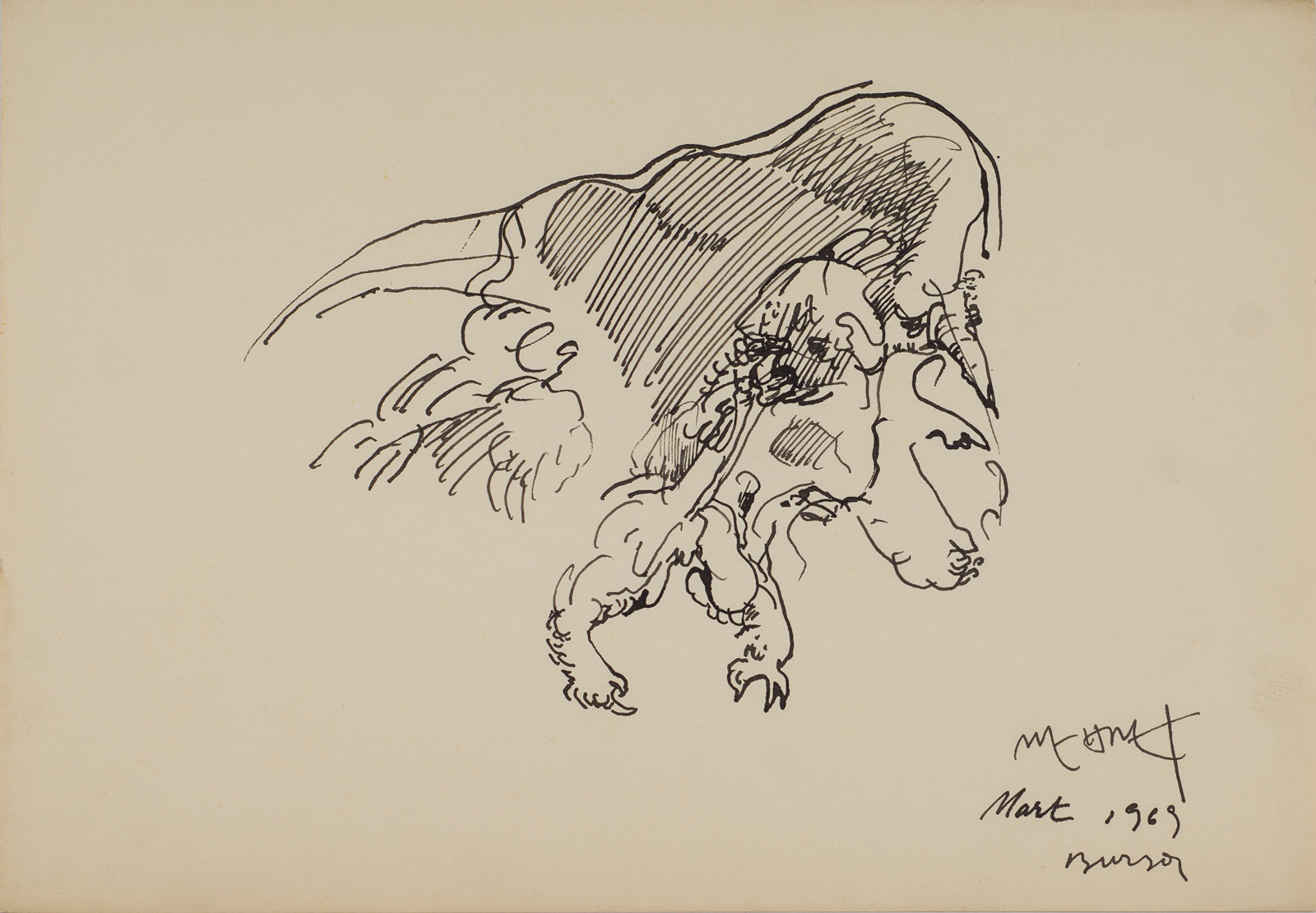 &March 1969 Bursa&, 1969, Kağıt üzerine çini, bambu kalem, 25 x 35,5 cm