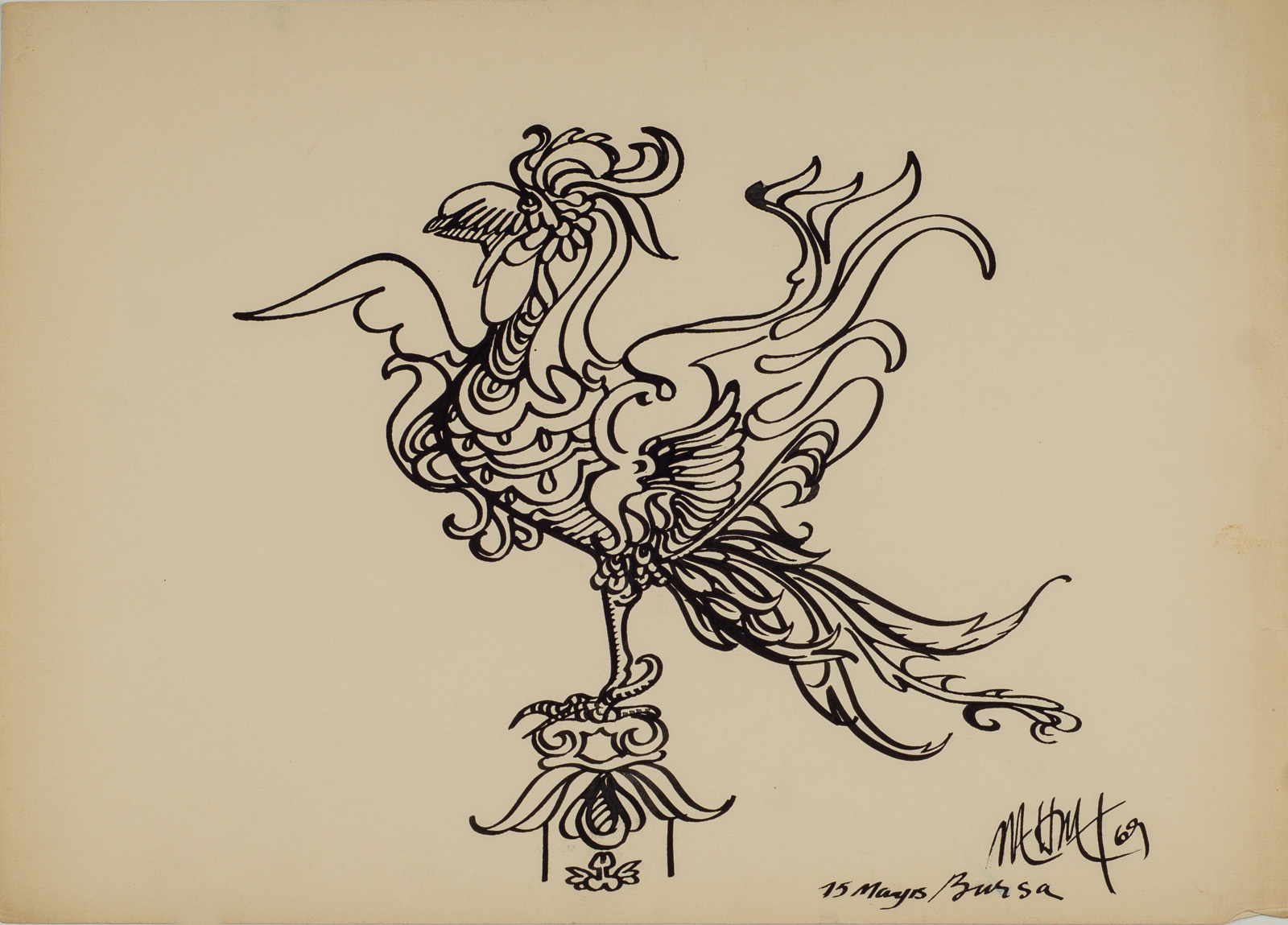&15 May 1969 Bursa&, 1969, Kağıt üzerine çini, bambu kalem, 25 x 35 cm