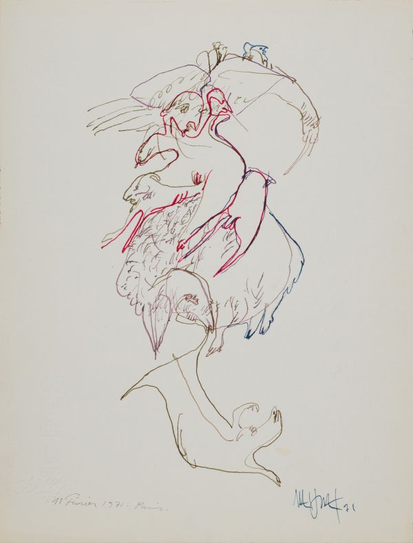 
                  Bélles et Bêtes, 1971, Hatchpoint on Ingres paper, black India ink, 32.5 x 25 cm        