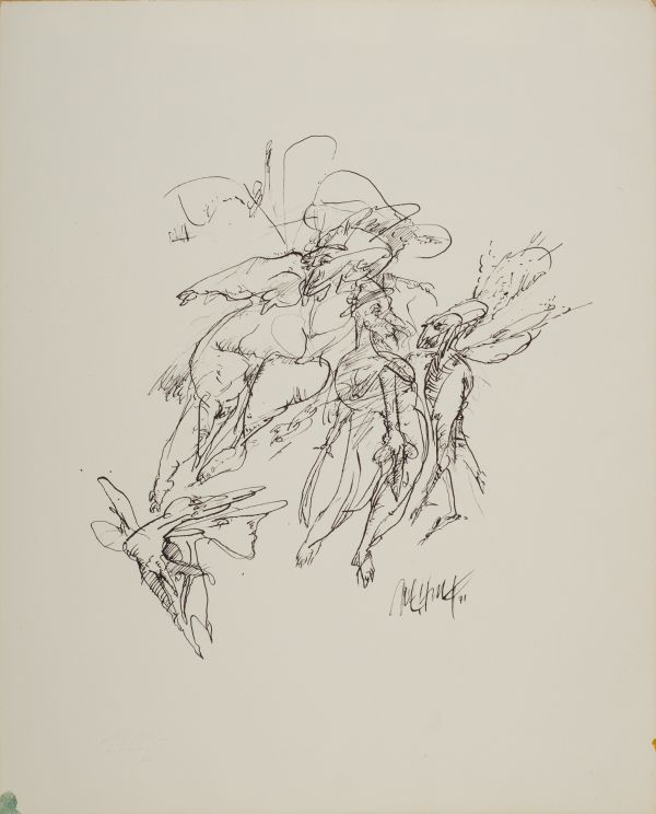
                  Bélles et Bêtes, 1971, Hatchpoint on Ingres paper, india ink, 41 x 33 cm        