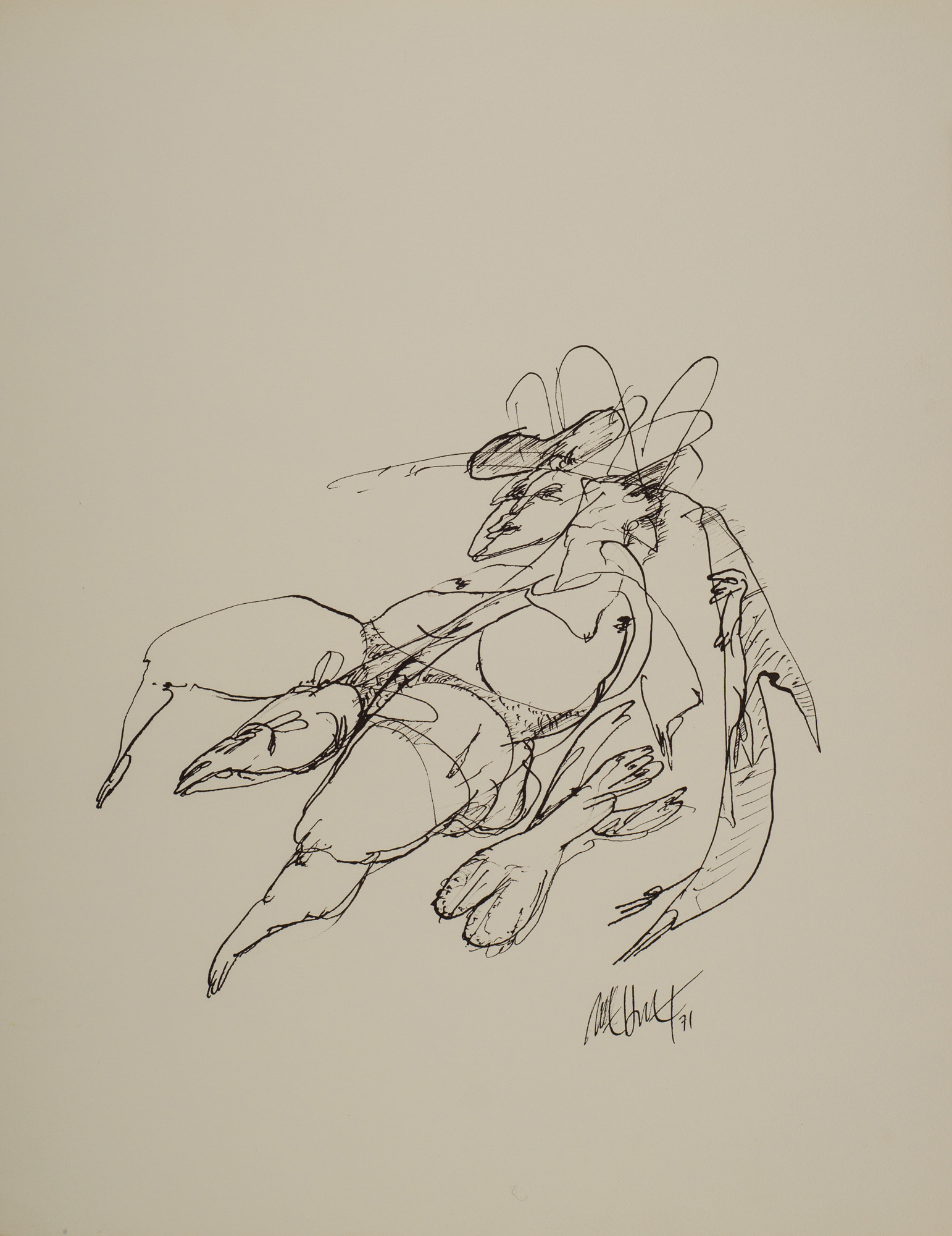&Bélles et Bêtes&, 1971, Ingres kağıt üzerine tarama ucu, çini mürekkebi, 41 x 33 cm
