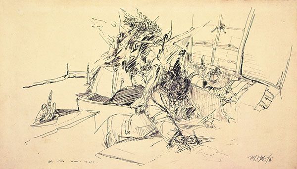 
                  In My Studio, 1980, Fabric paint on coton canvas, 83 x 146 cm        